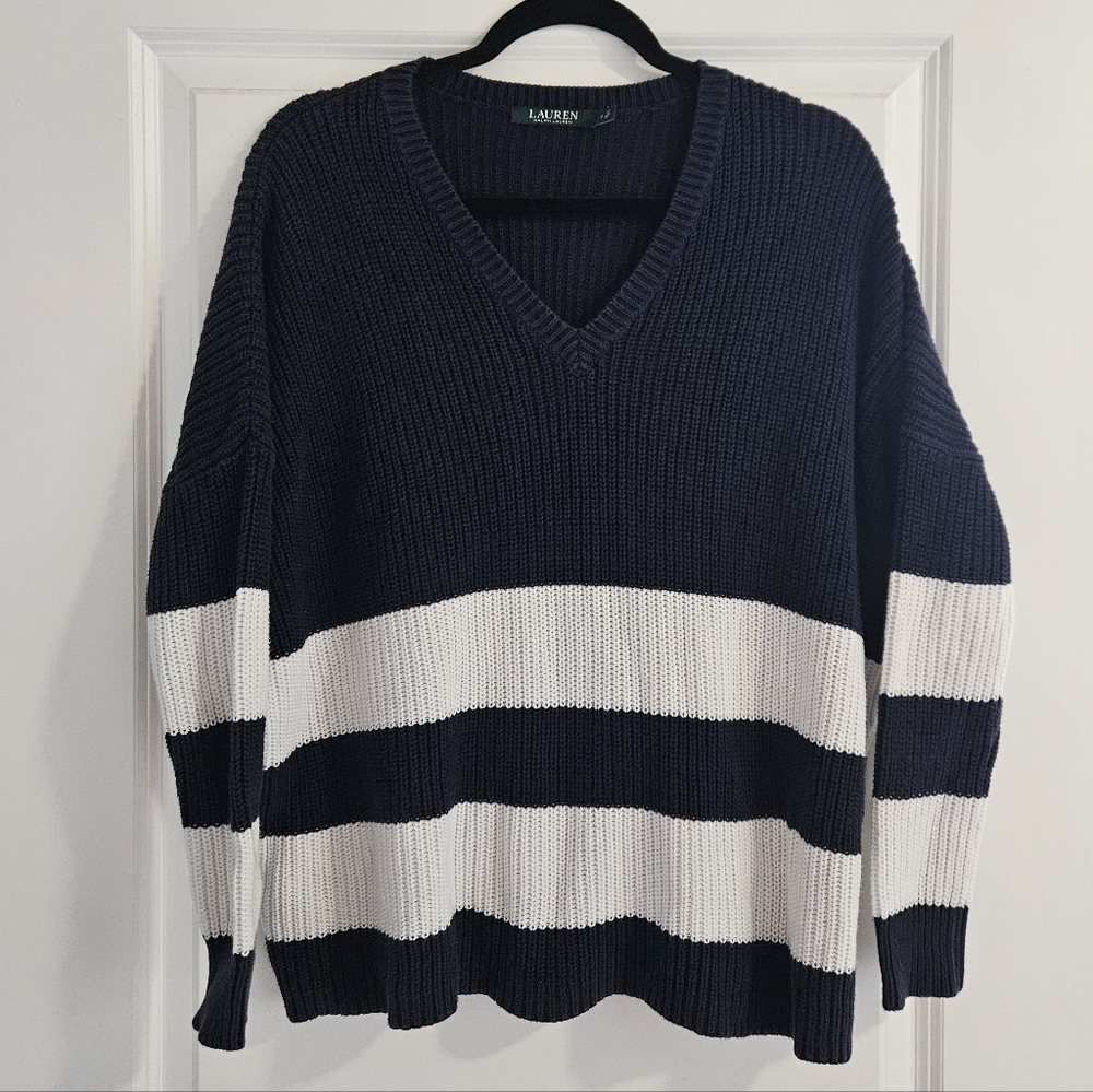 Lauren By Ralph Lauren 100% Cotton Striped V-Neck Sweater Size Small